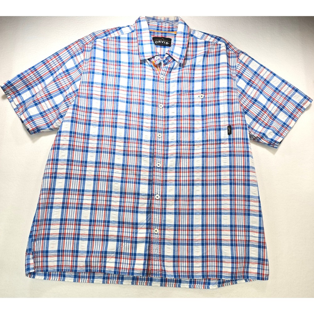 Orvis Mens XL Short Sleeve Button Down Shirt Plaid Blue Red White Seersucker